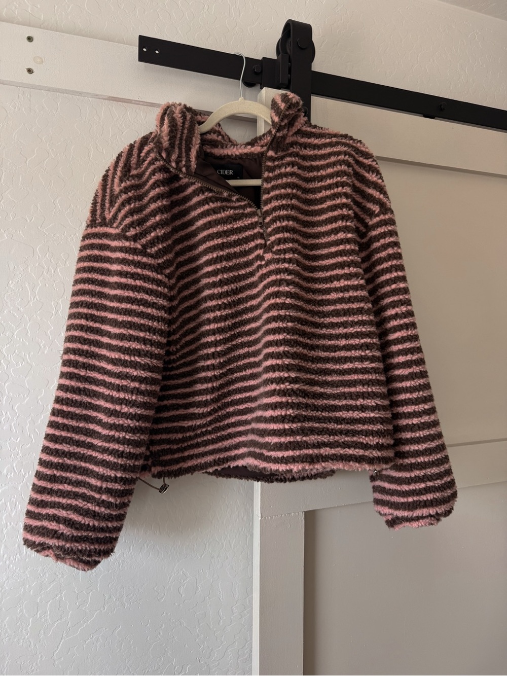 Cider Pink and Brown Striped Fuzzy Quarter-Zip Hoodie Sweater